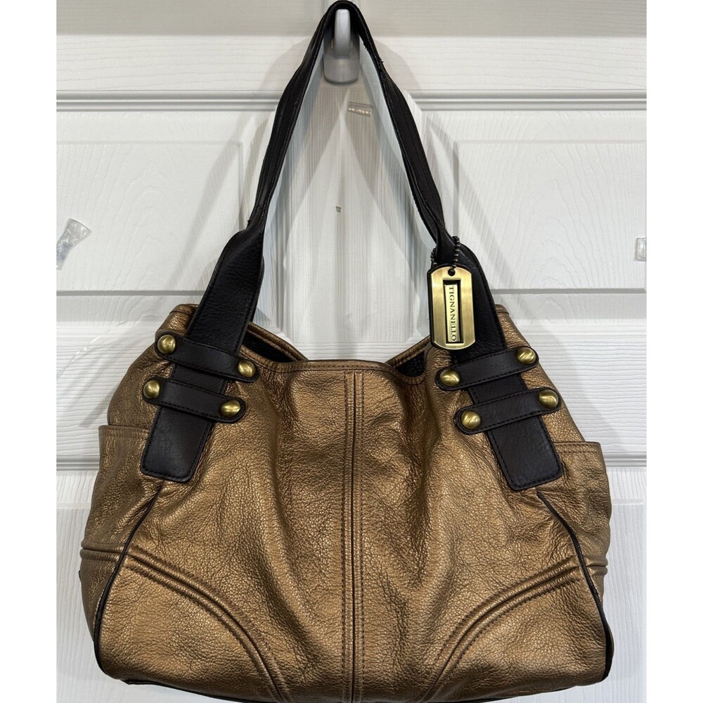 Tignanello Bronze Pebbled Leather Purse Shoulder Bag Military Shopper Handbag